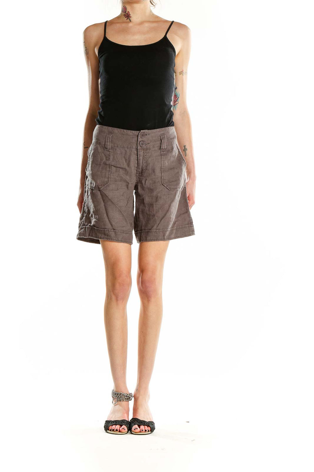 Front view of Sanctuary taupe linen shorts with patch pockets