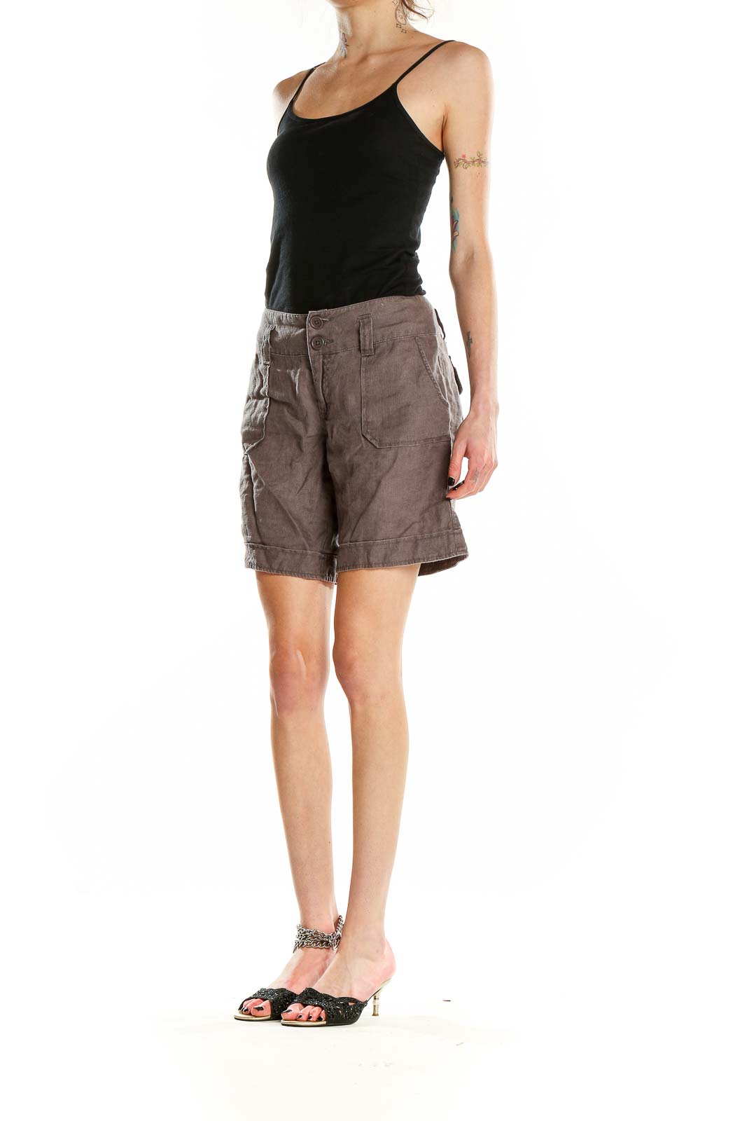 Front view of Sanctuary taupe linen shorts with patch pockets