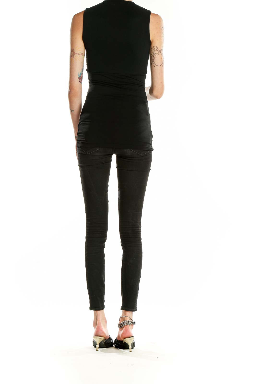 Back view of Max Mara black sleeveless fitted top on model