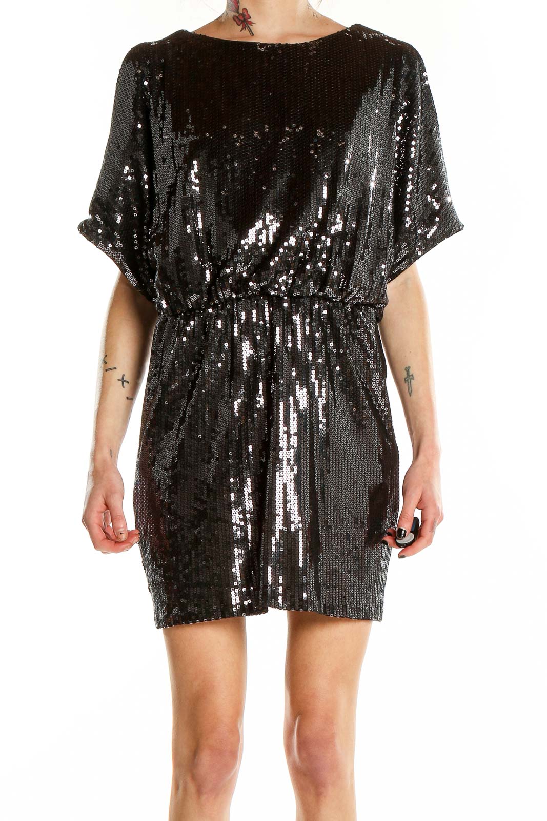 Front view of Xscape black sequin mini dress with dolman sleeves