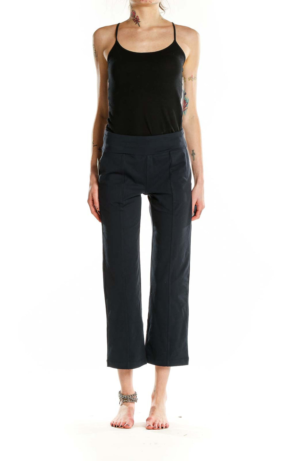 Front view of navy Athleta cropped activewear pants