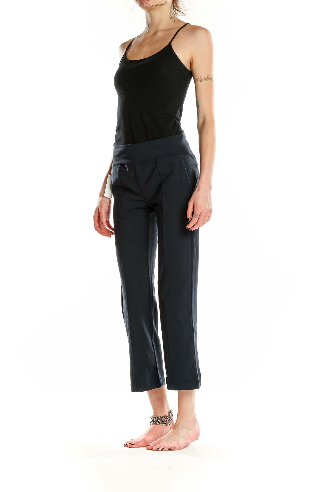 Front view of navy Athleta cropped activewear pants