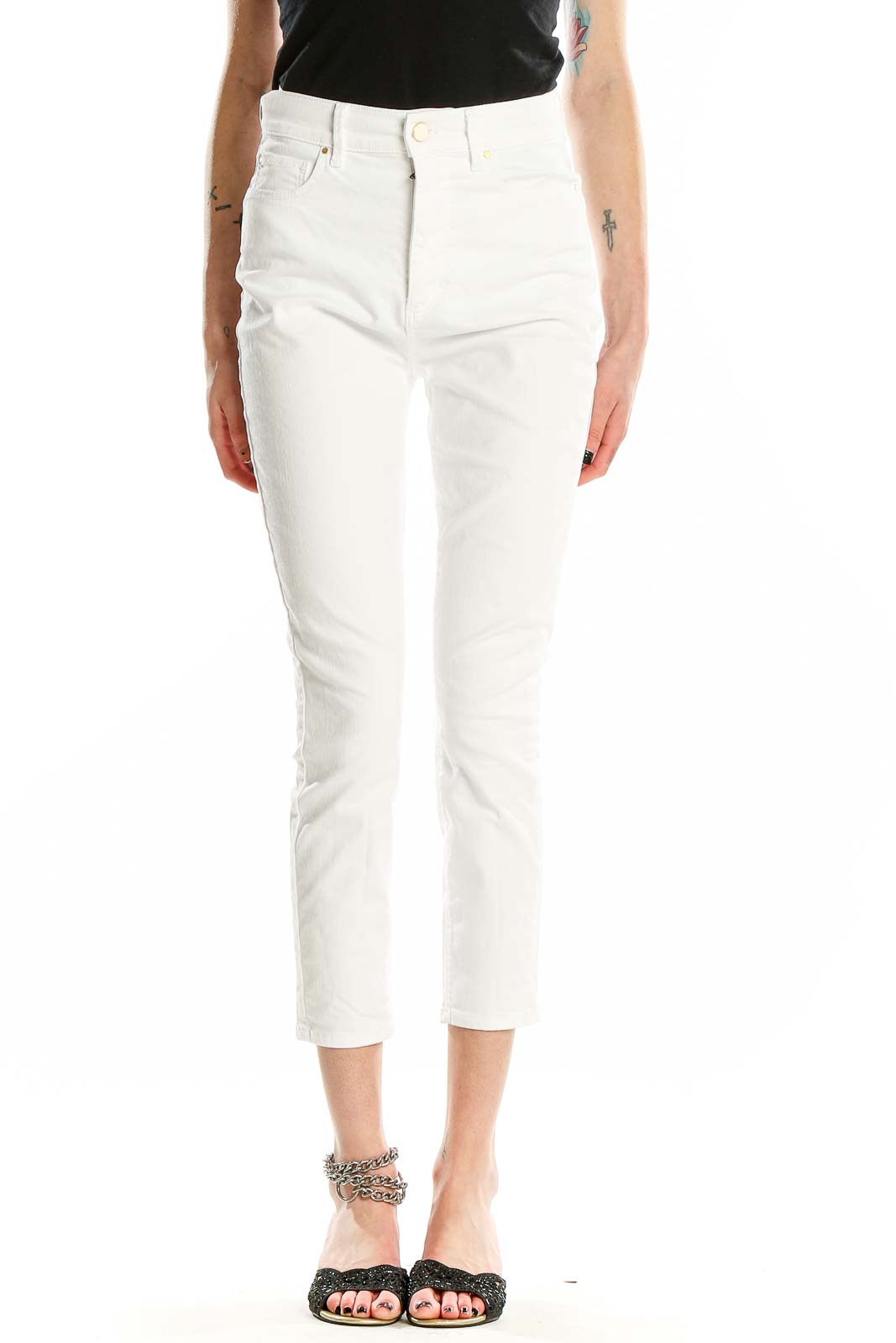 Front view of Ann Taylor Petites white cropped jeans on model