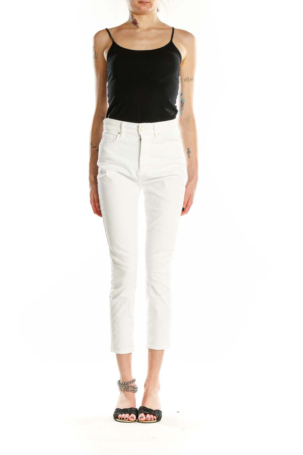 Front view of Ann Taylor Petites white cropped jeans on model