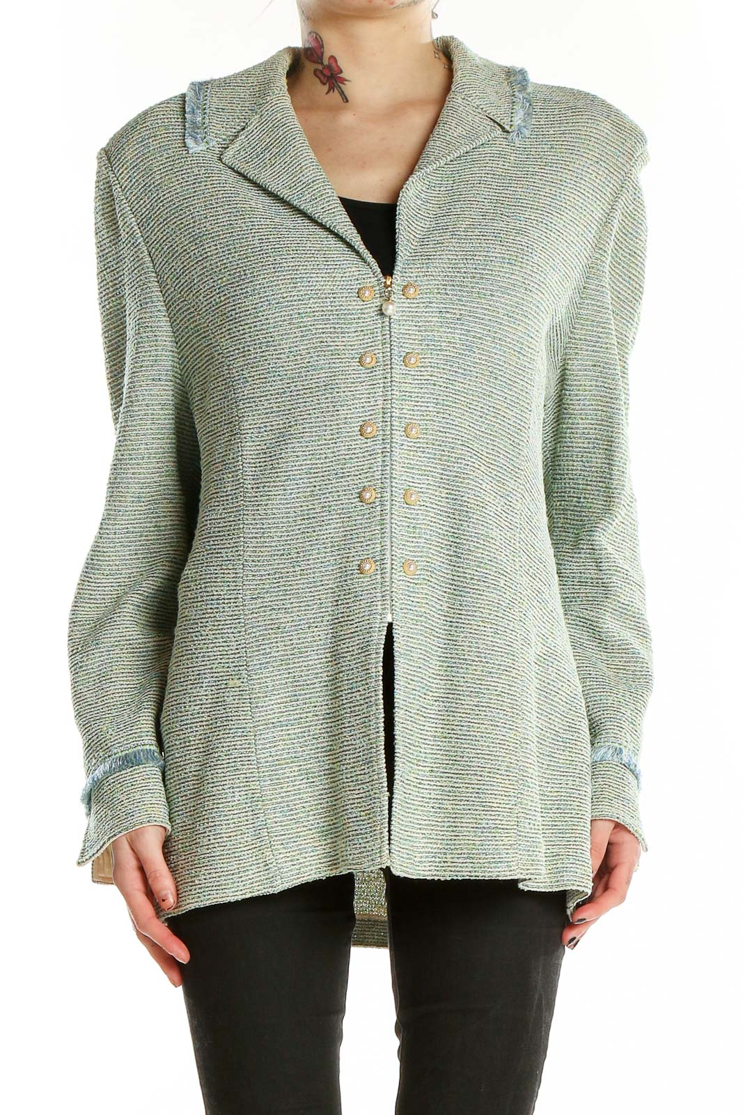 Front view of St. John sage green textured button-up jacket