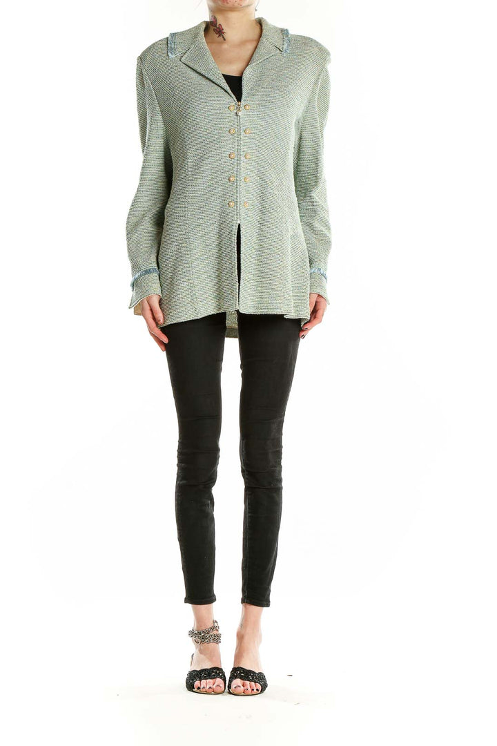 Front view of St. John sage green textured button-up jacket