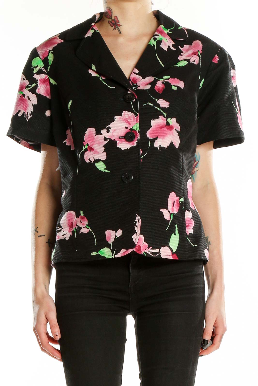 Front view of St. John black jacket with pink floral print, short sleeves