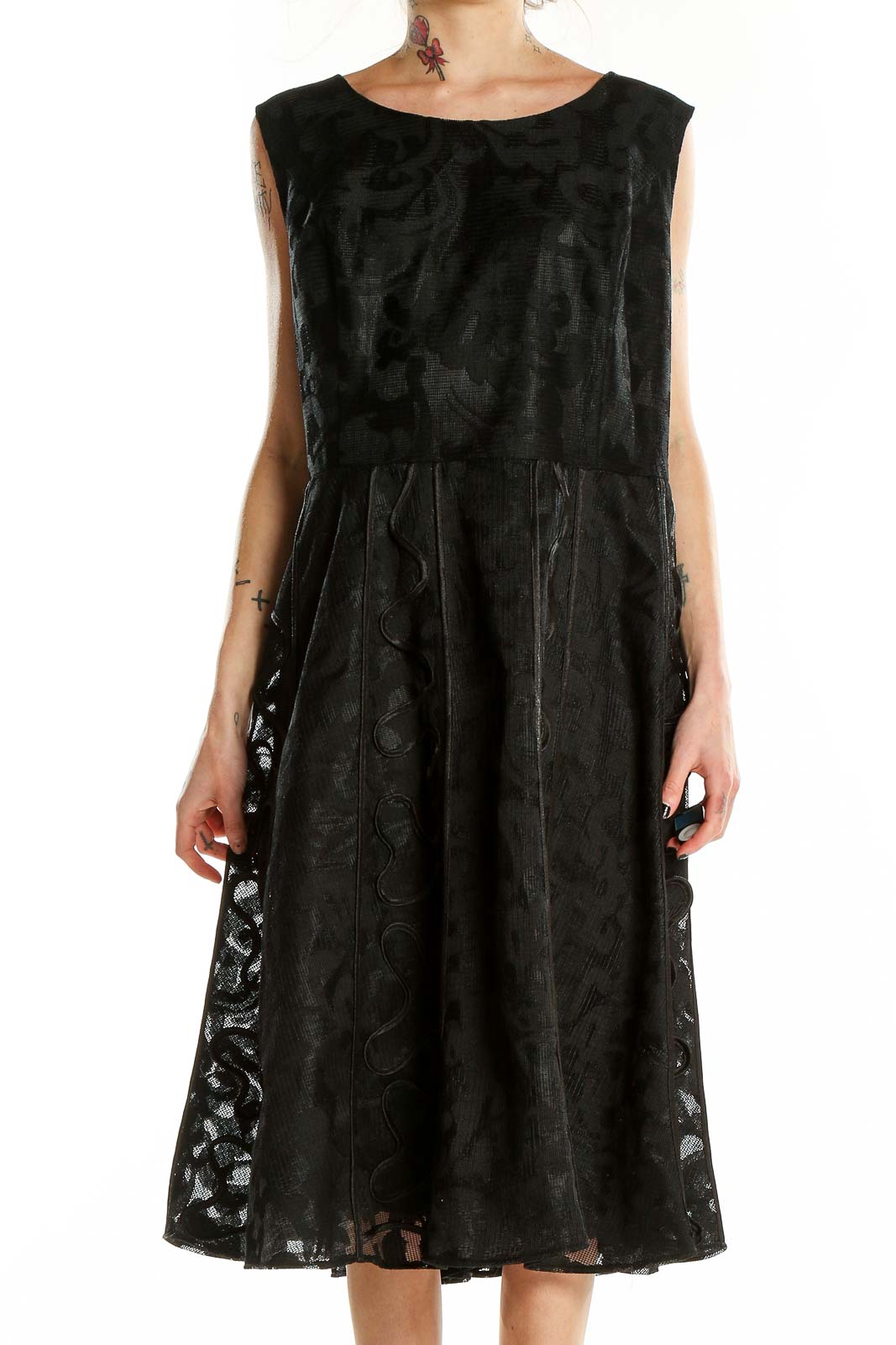 Front view of Terramina black floral lace sleeveless midi dress