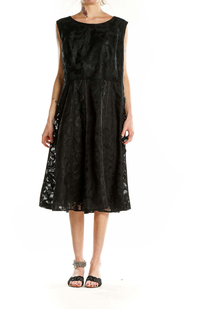 Front view of Terramina black floral lace sleeveless midi dress