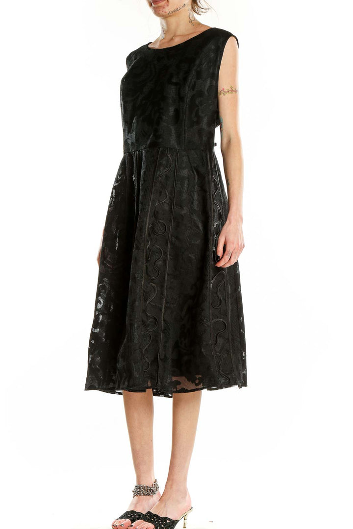 Front view of Terramina black floral lace sleeveless midi dress