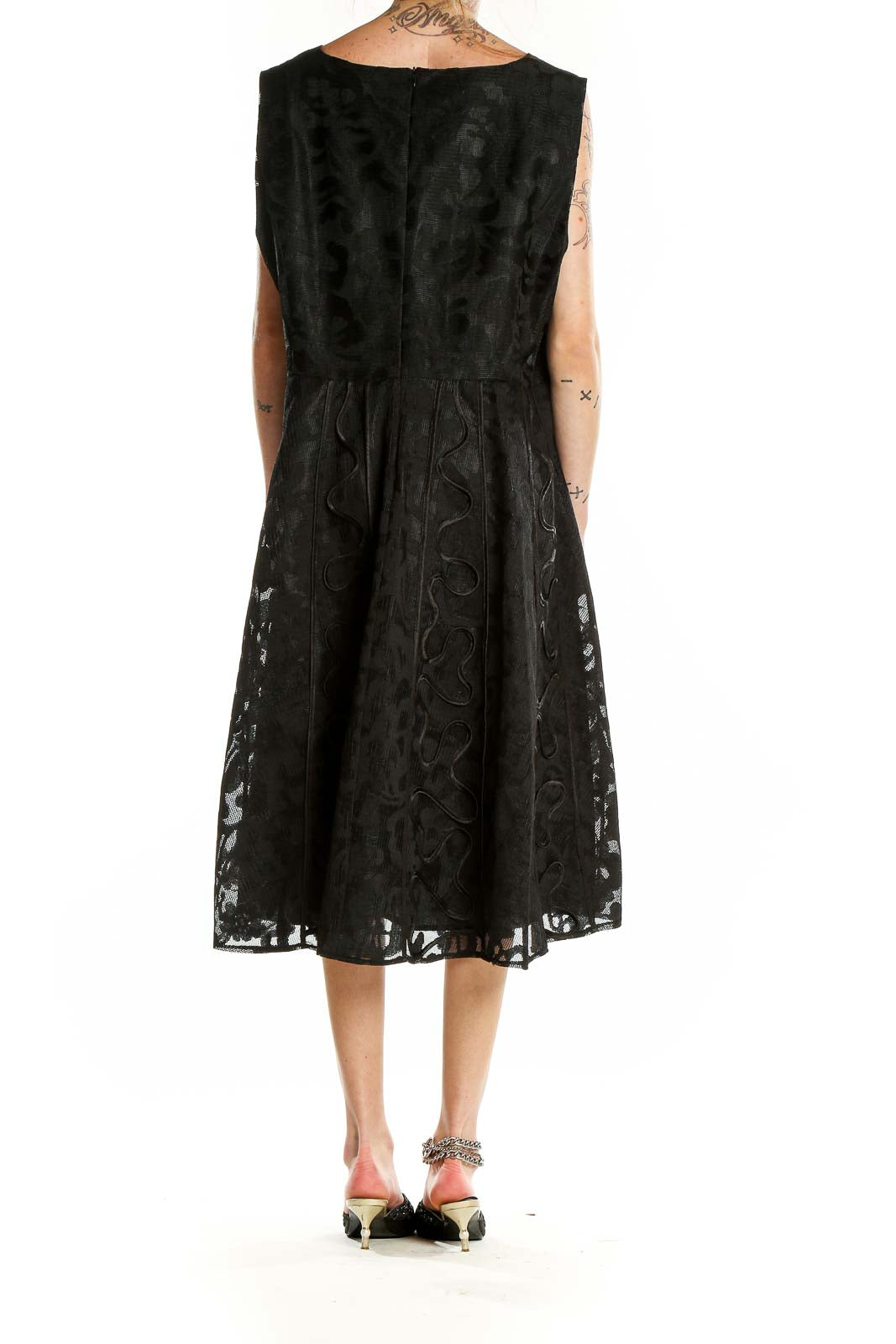 Back view of Terramina black floral lace sleeveless midi dress