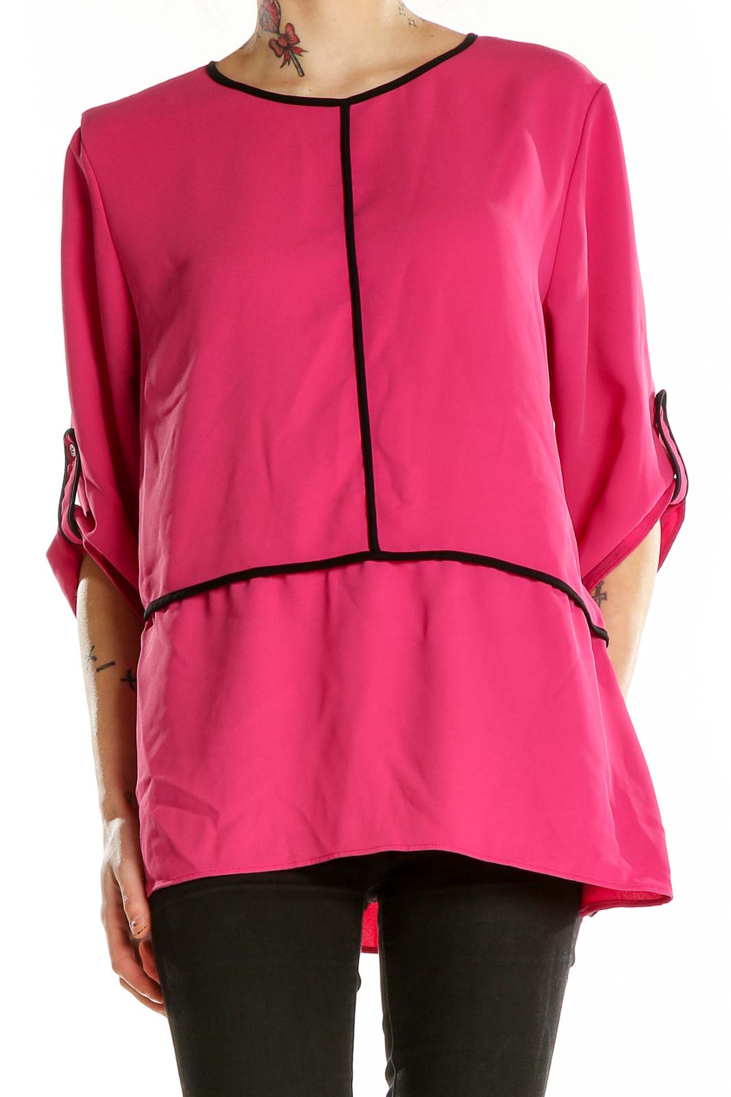 Front view of hot pink Calvin Klein blouse with layered design and black piping