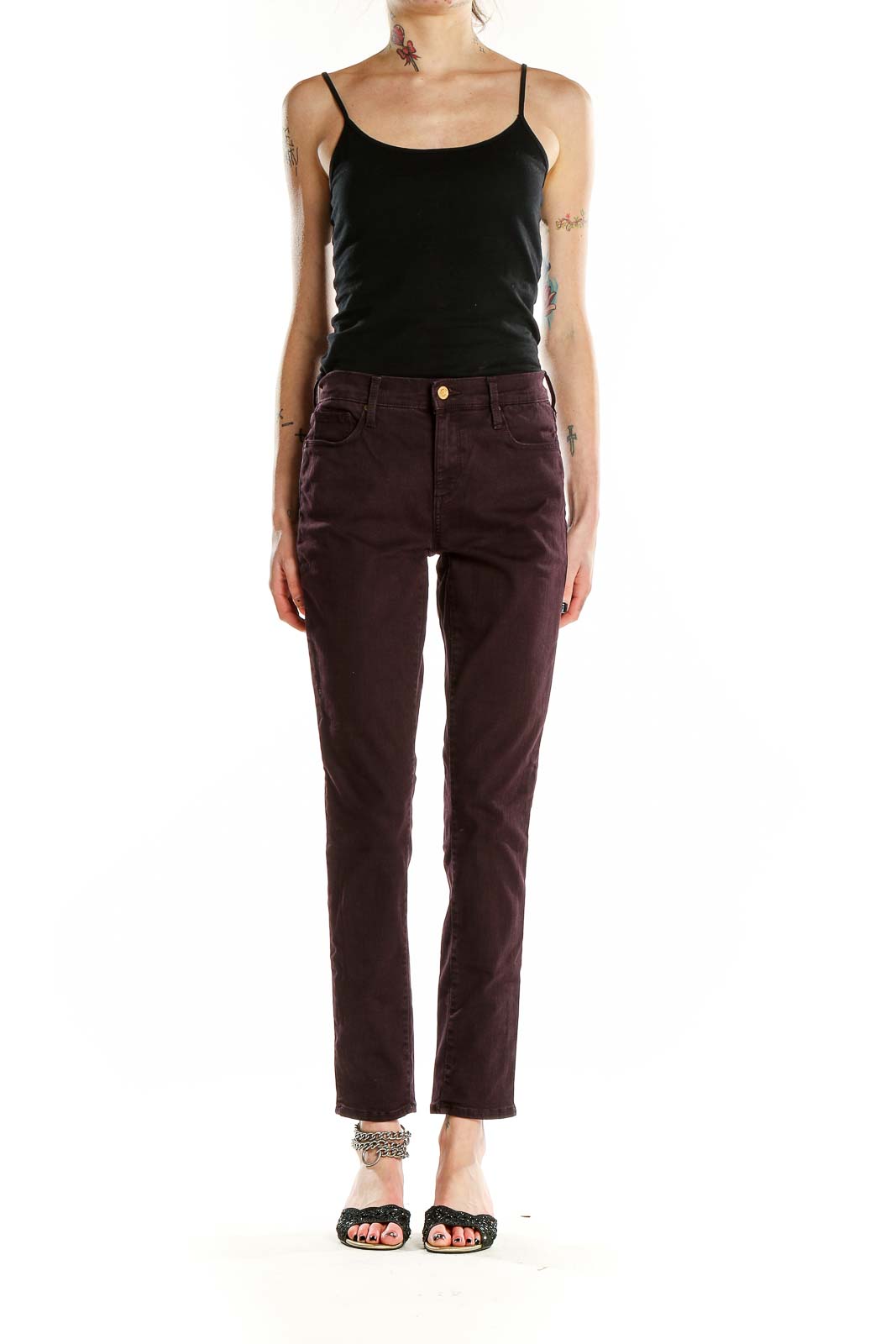 Front view of Gap burgundy slim fit pants on model