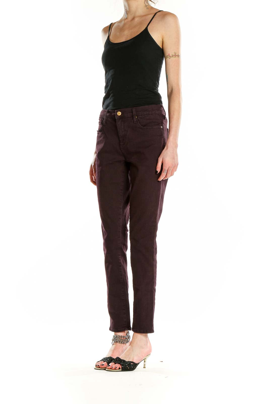 Front view of Gap burgundy slim fit pants on model