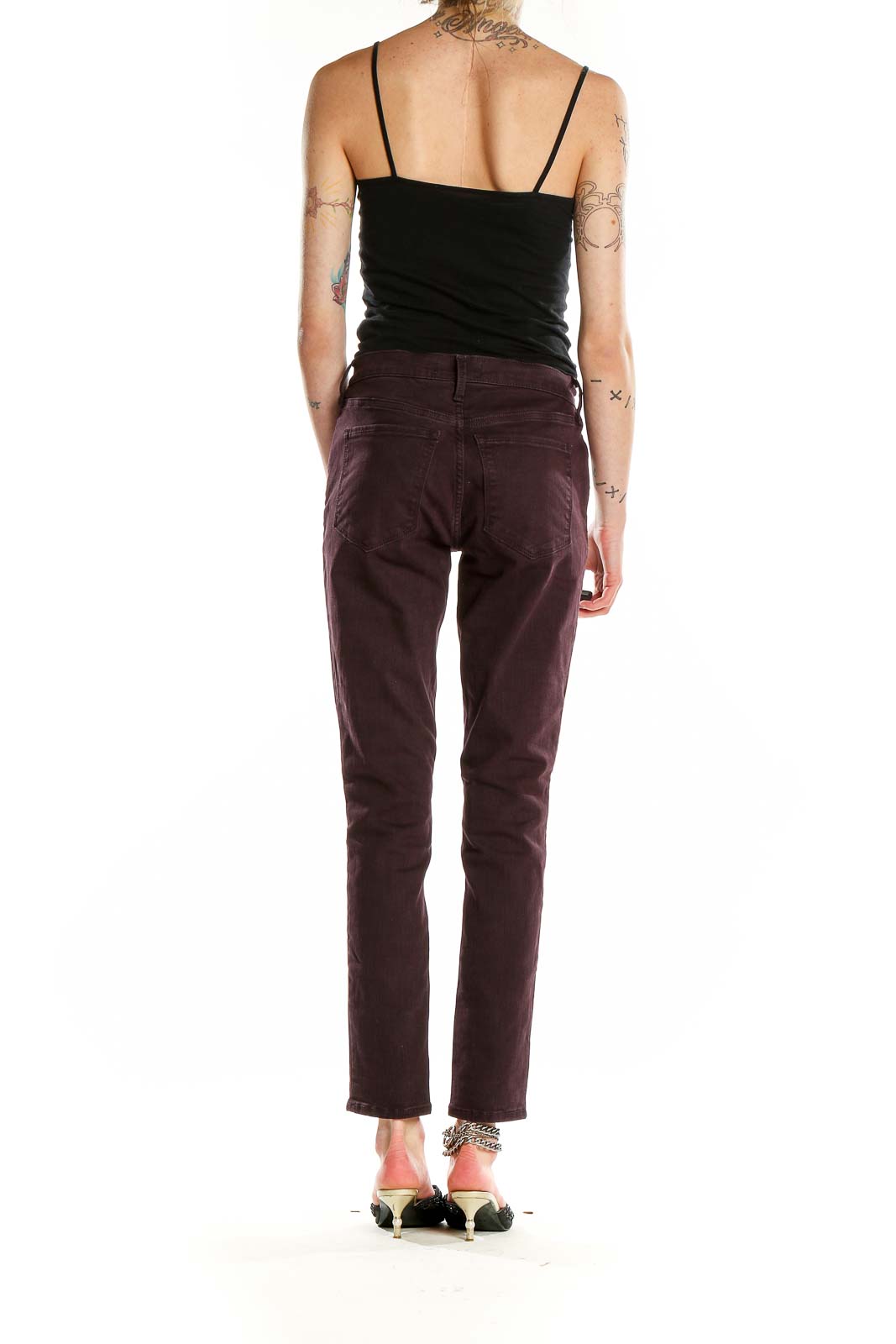 Back view of Gap burgundy slim fit pants on model