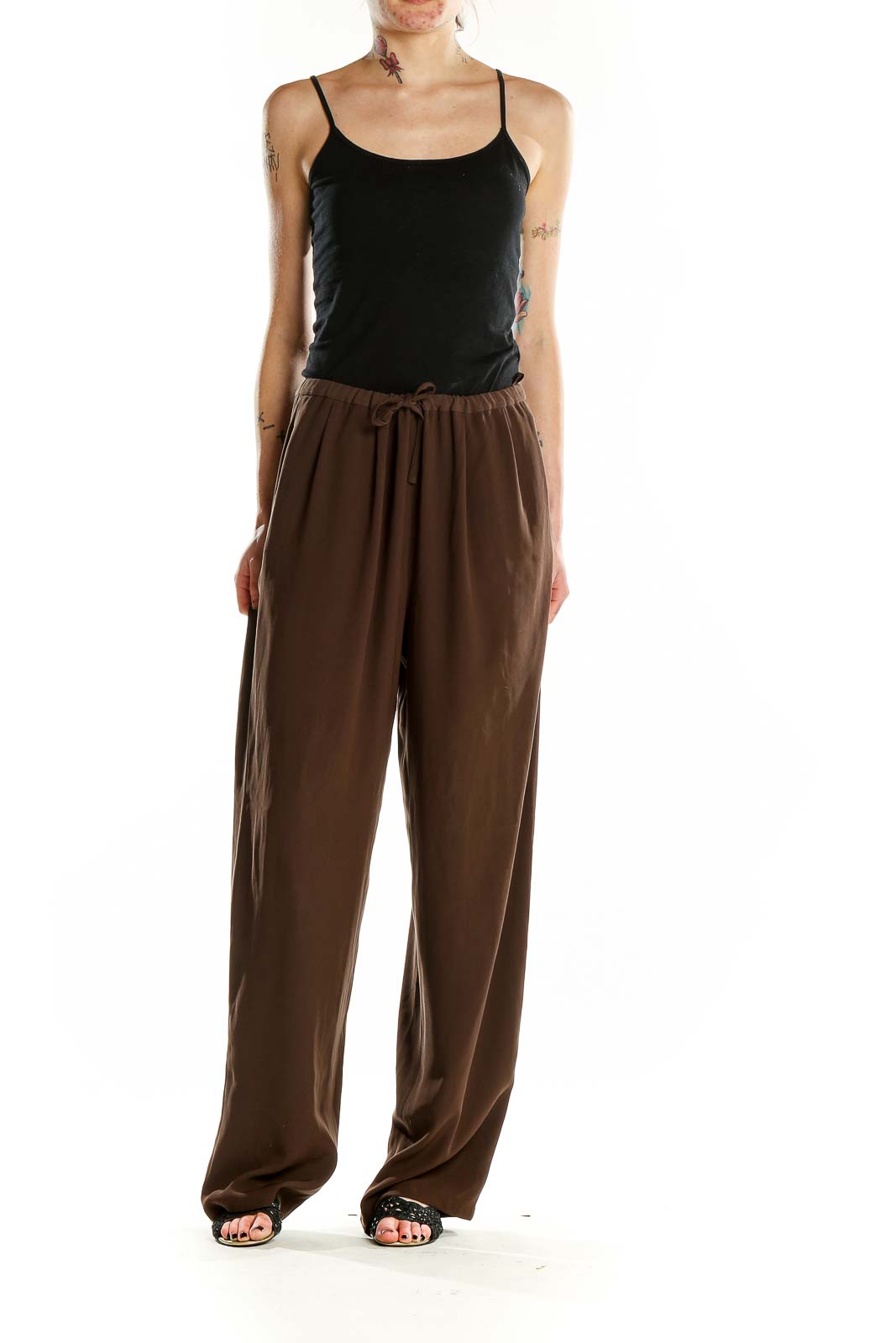 Brown Wide-Leg Drawstring Pants