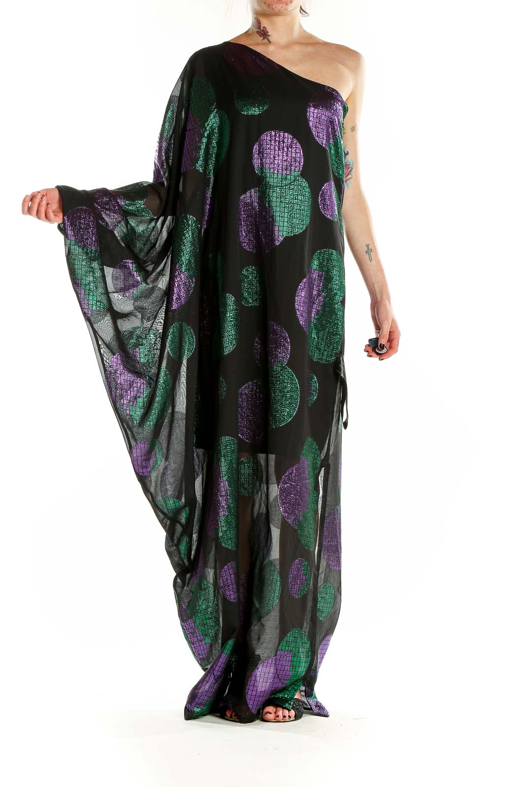 Black Green Purple One Shoulder Metallic Circle Print Dress