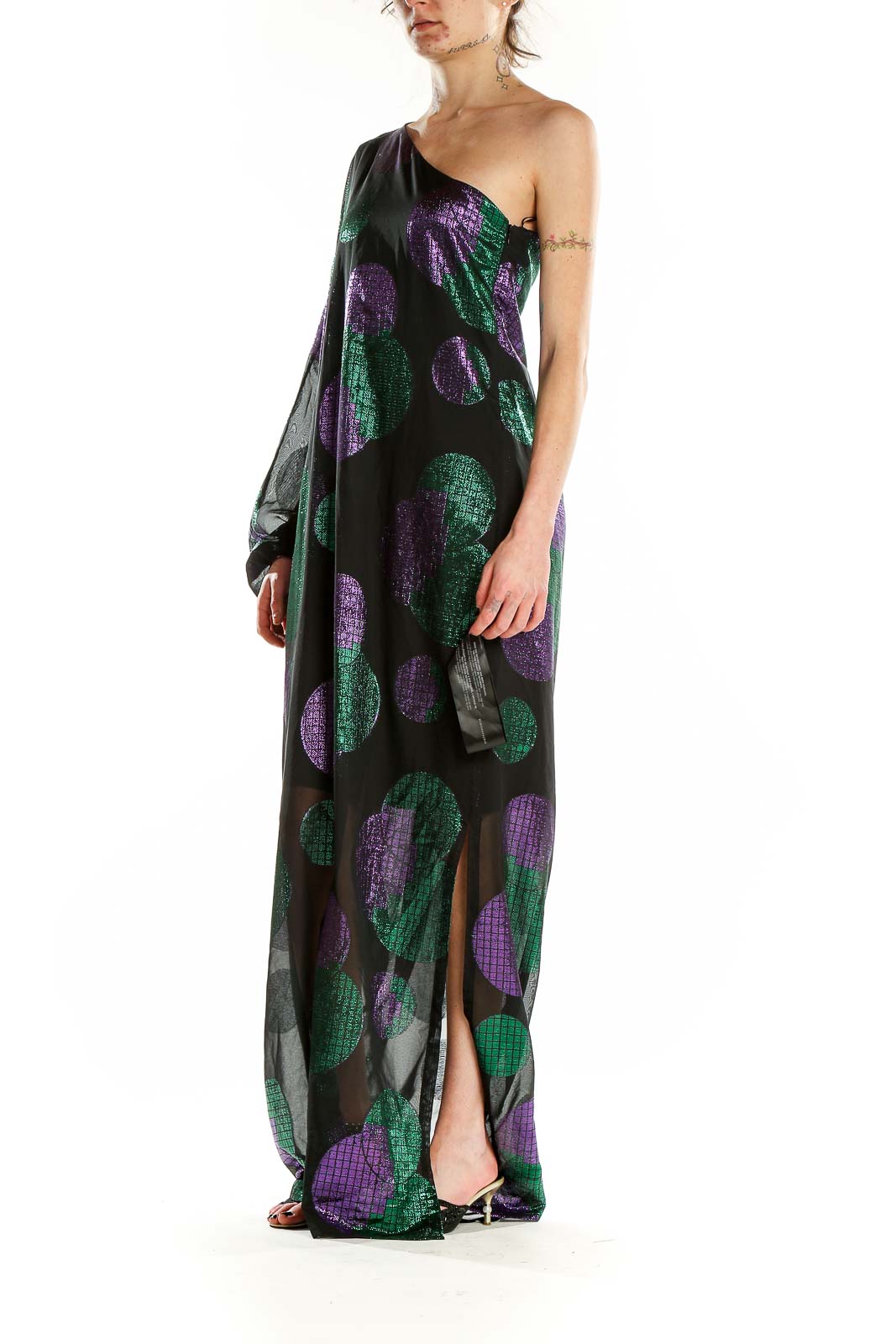 Black Green Purple One Shoulder Metallic Circle Print Dress