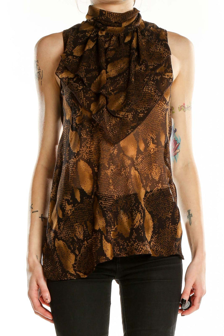 Brown Highneck Sleeveless Animal Print Blouse