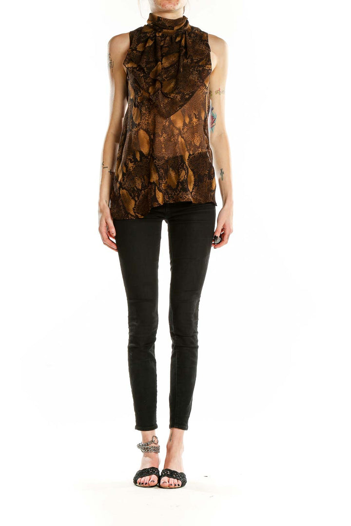 Brown Highneck Sleeveless Animal Print Blouse