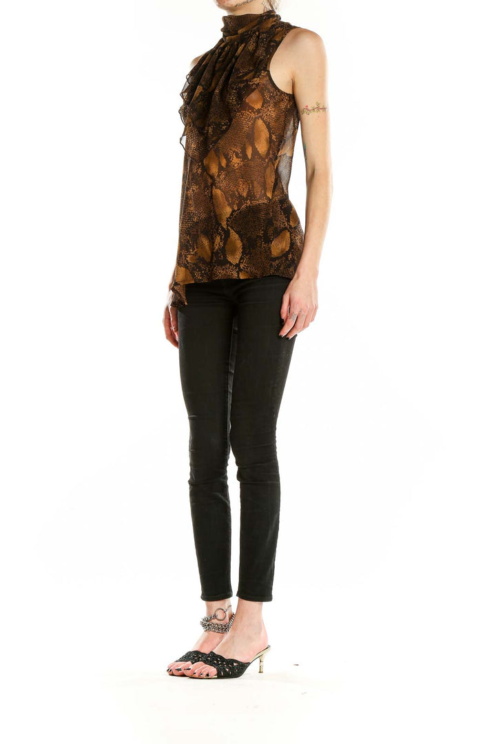 Brown Highneck Sleeveless Animal Print Blouse