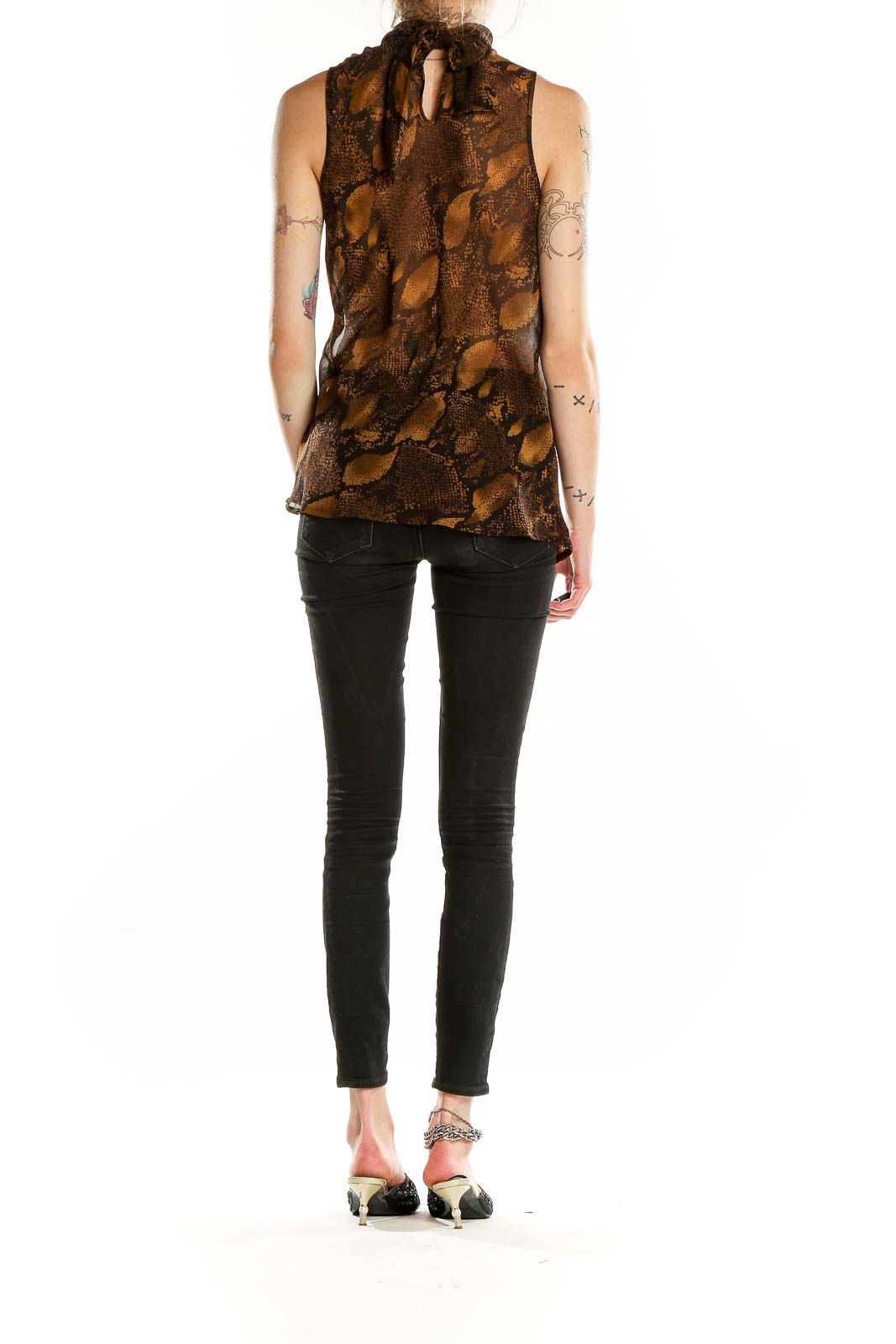 Brown Highneck Sleeveless Animal Print Blouse