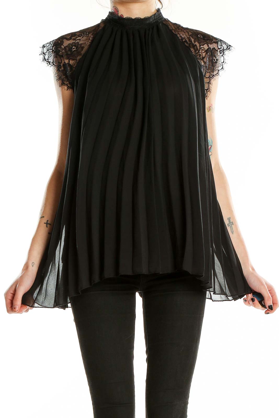 Black Highneck Lace Pleated Blouse