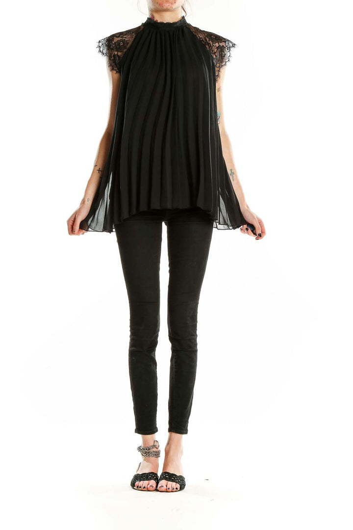 Black Highneck Lace Pleated Blouse