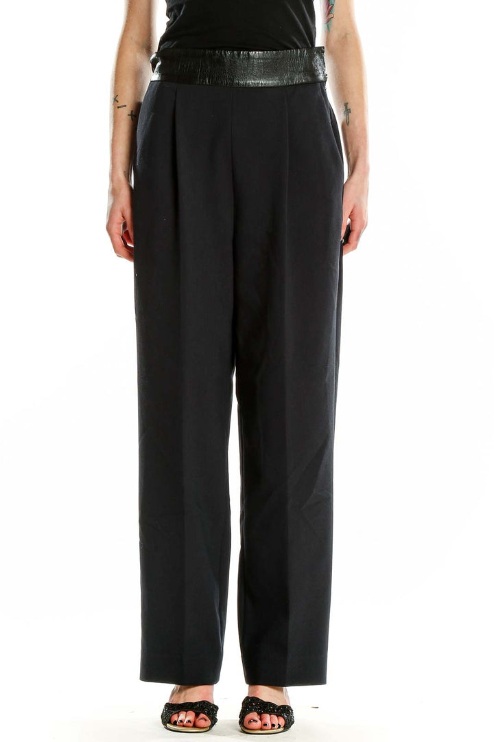 Front view of Ann Taylor black wide-leg trousers with faux leather waistband