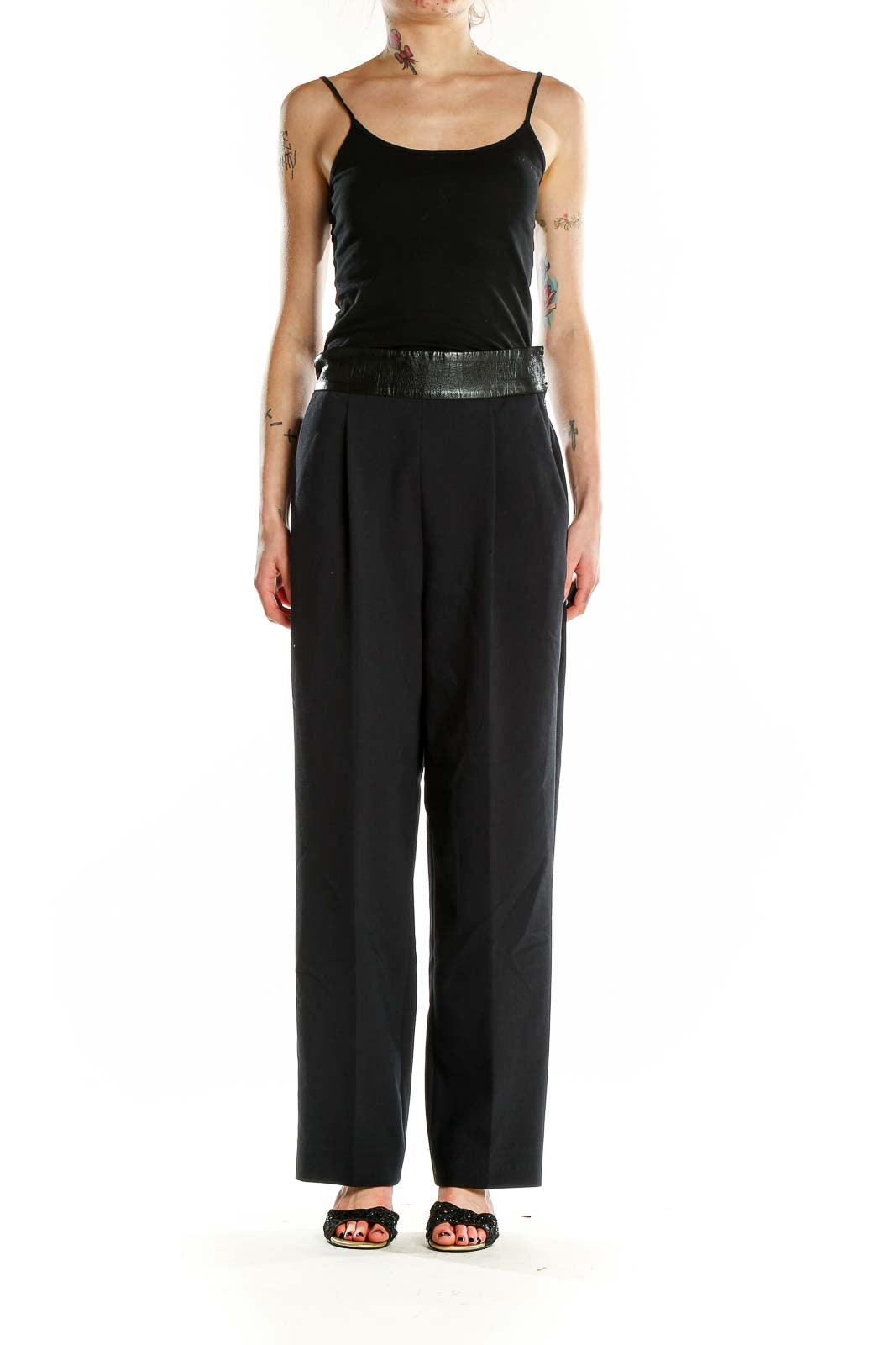 Front view of Ann Taylor black wide-leg trousers with faux leather waistband