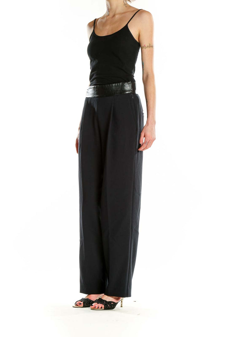 Front view of Ann Taylor black wide-leg trousers with faux leather waistband