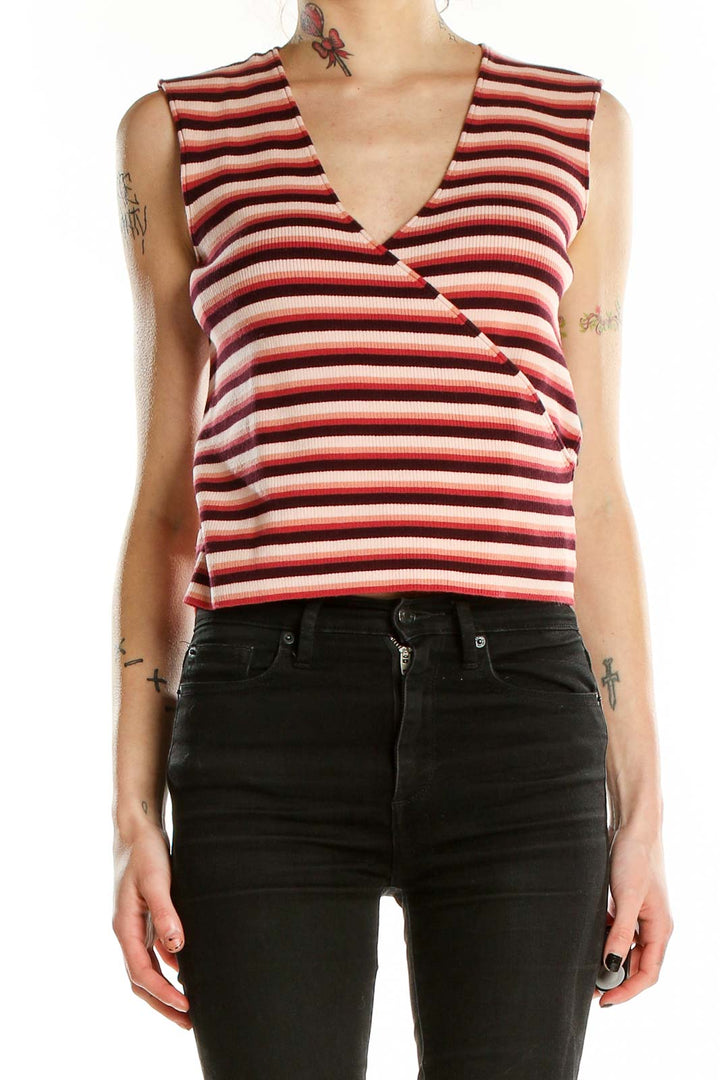 Front view of red striped sleeveless crop top from Express