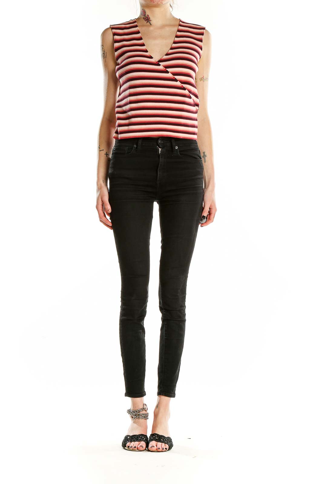 Front view of red striped sleeveless crop top from Express