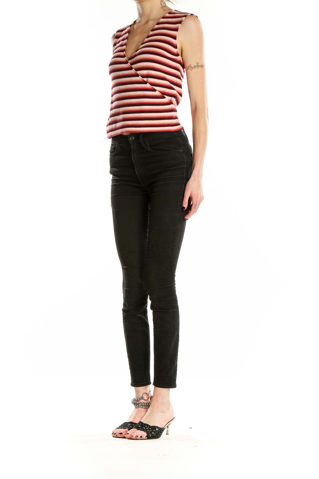 Front view of red striped sleeveless crop top from Express