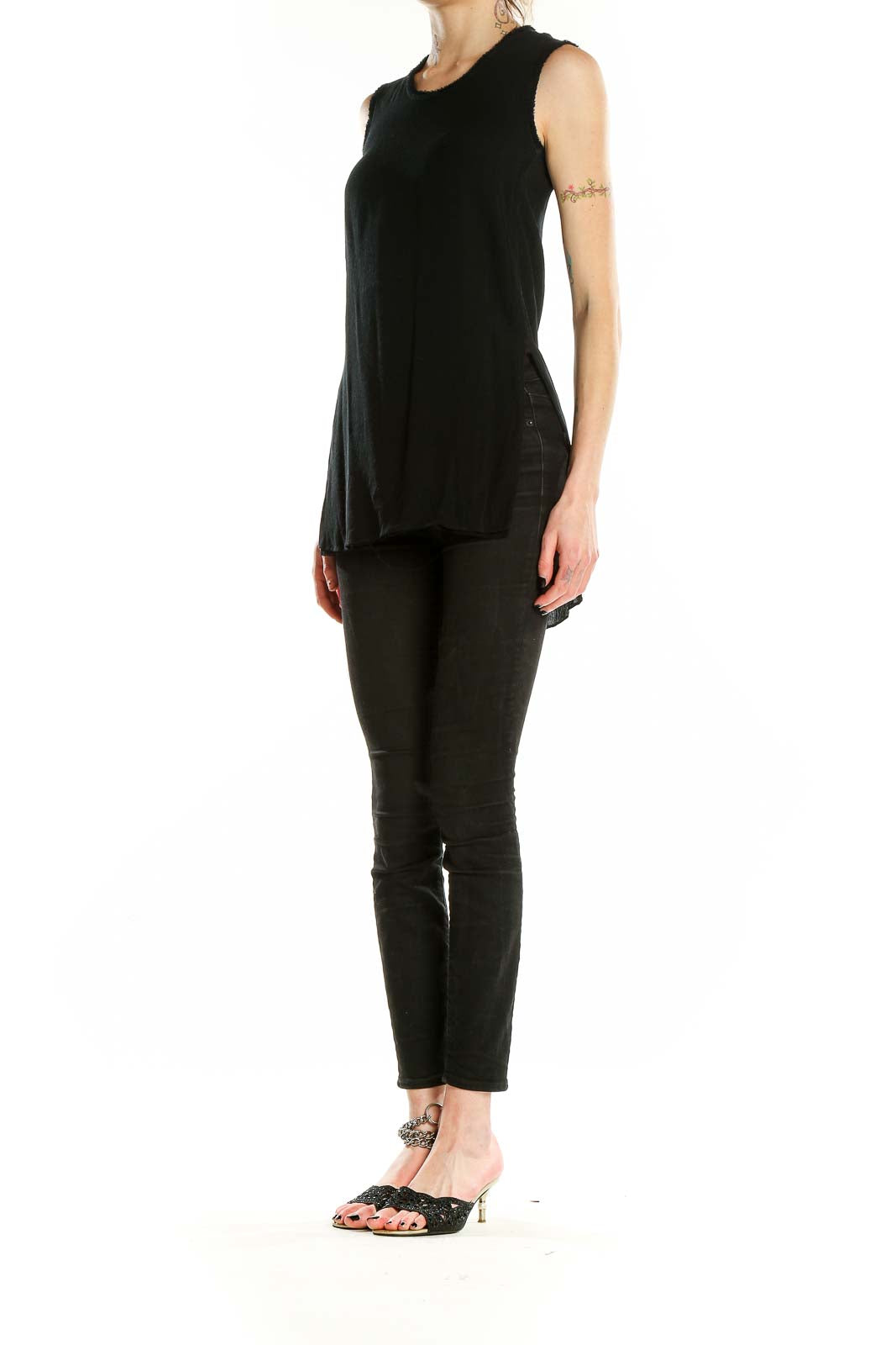 Front view of Helmut Lang black sleeveless high-low tank top