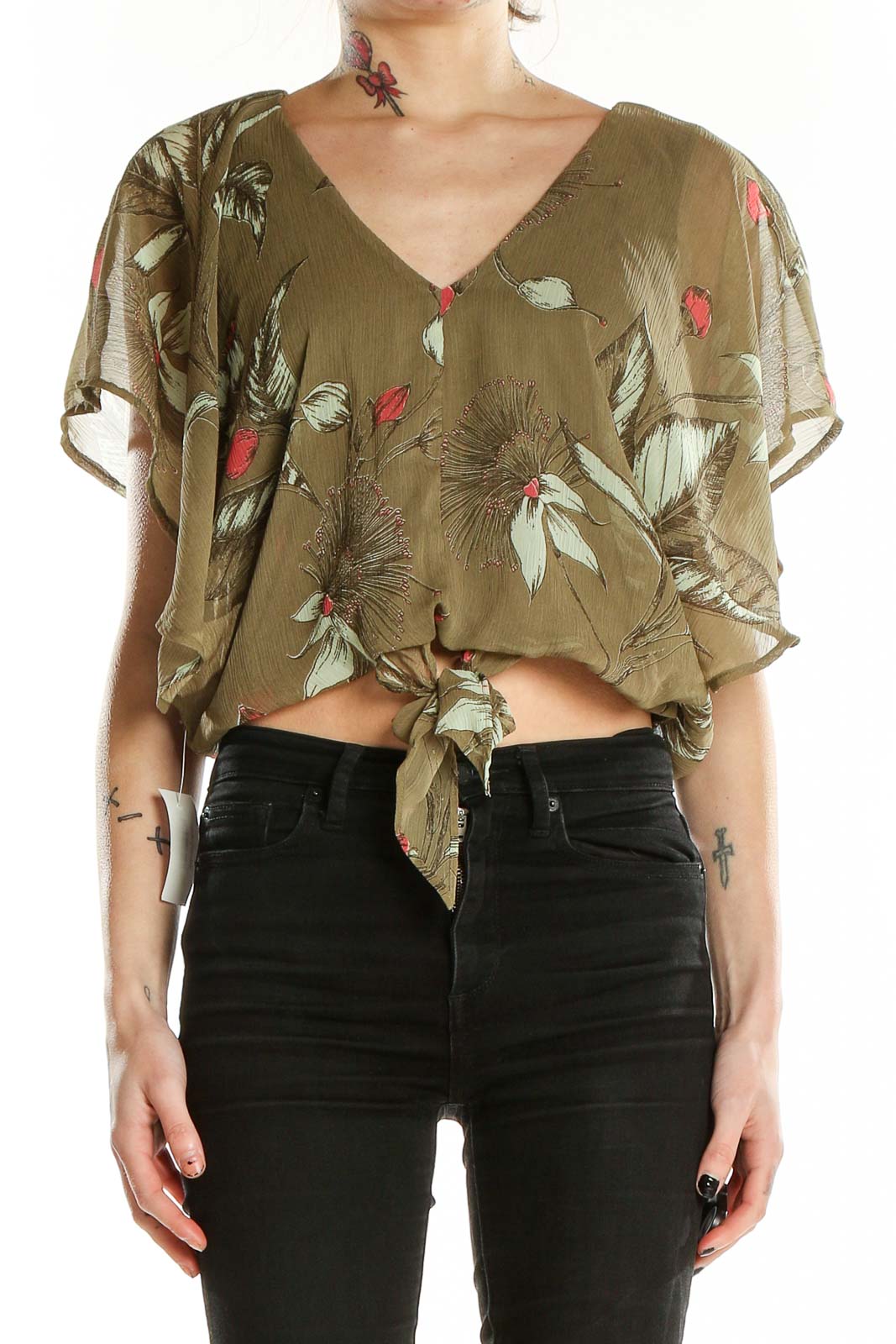 Front view of Express olive green floral print crop top with tie-front detail