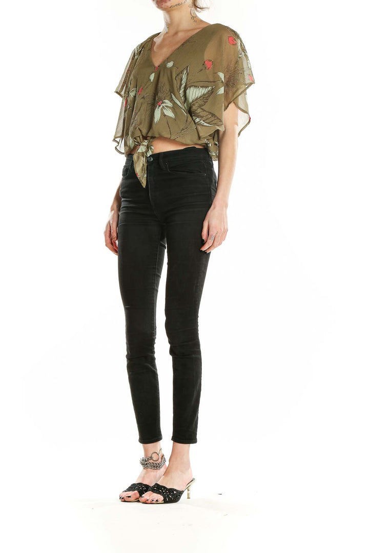 Front view of Express olive green floral print crop top with tie-front detail