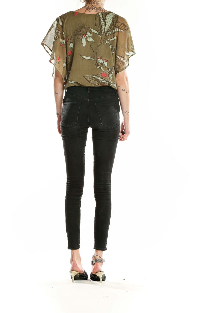 Back view of Express olive green floral print crop top showing flutter sleeves