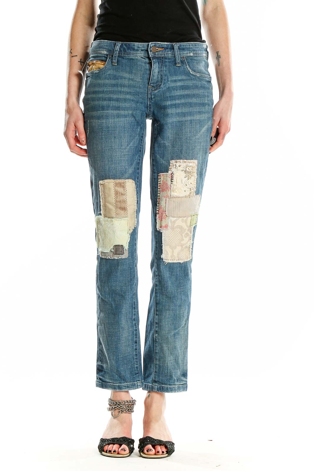 Front view of Pilcro and the Letterpress blue patchwork straight leg jeans