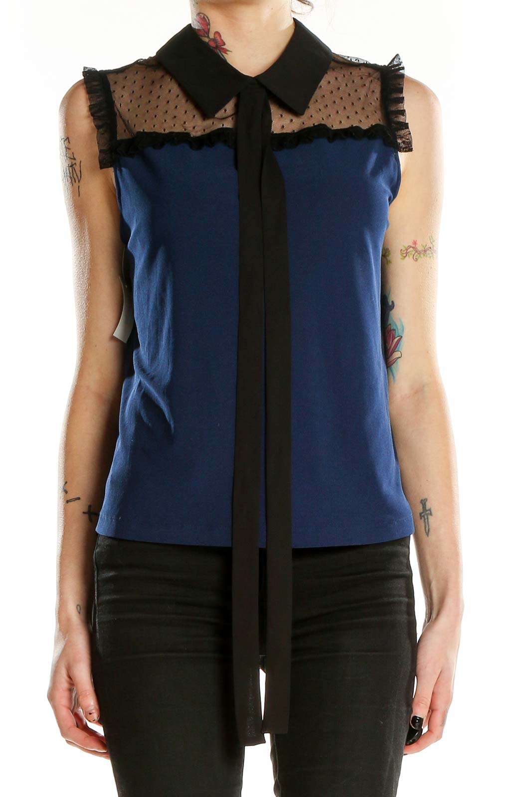 Front view of CeCe navy sleeveless blouse with sheer lace yoke and black collar