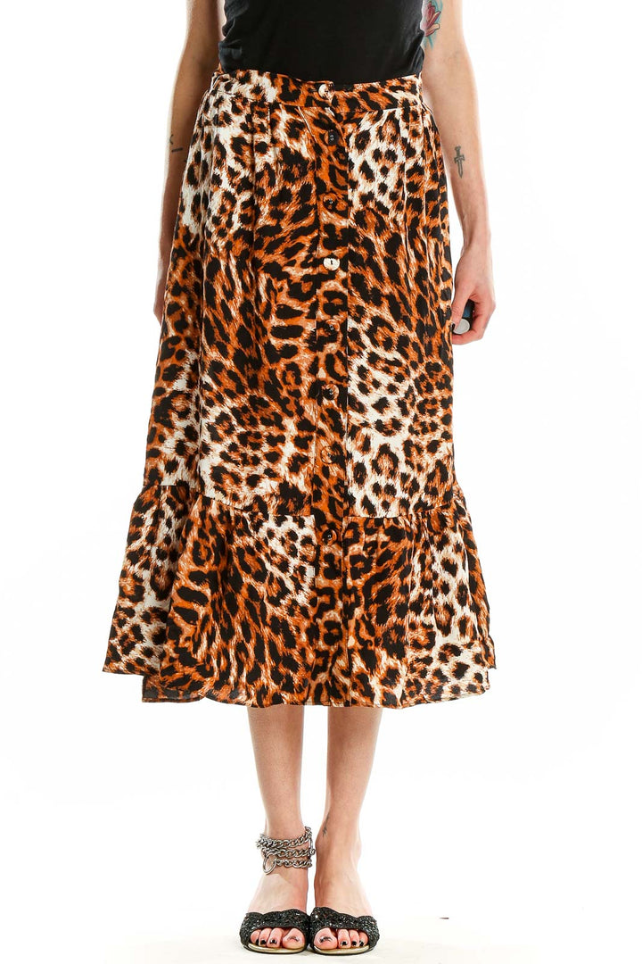 Front view of Talbots orange leopard print midi skirt with button-front design