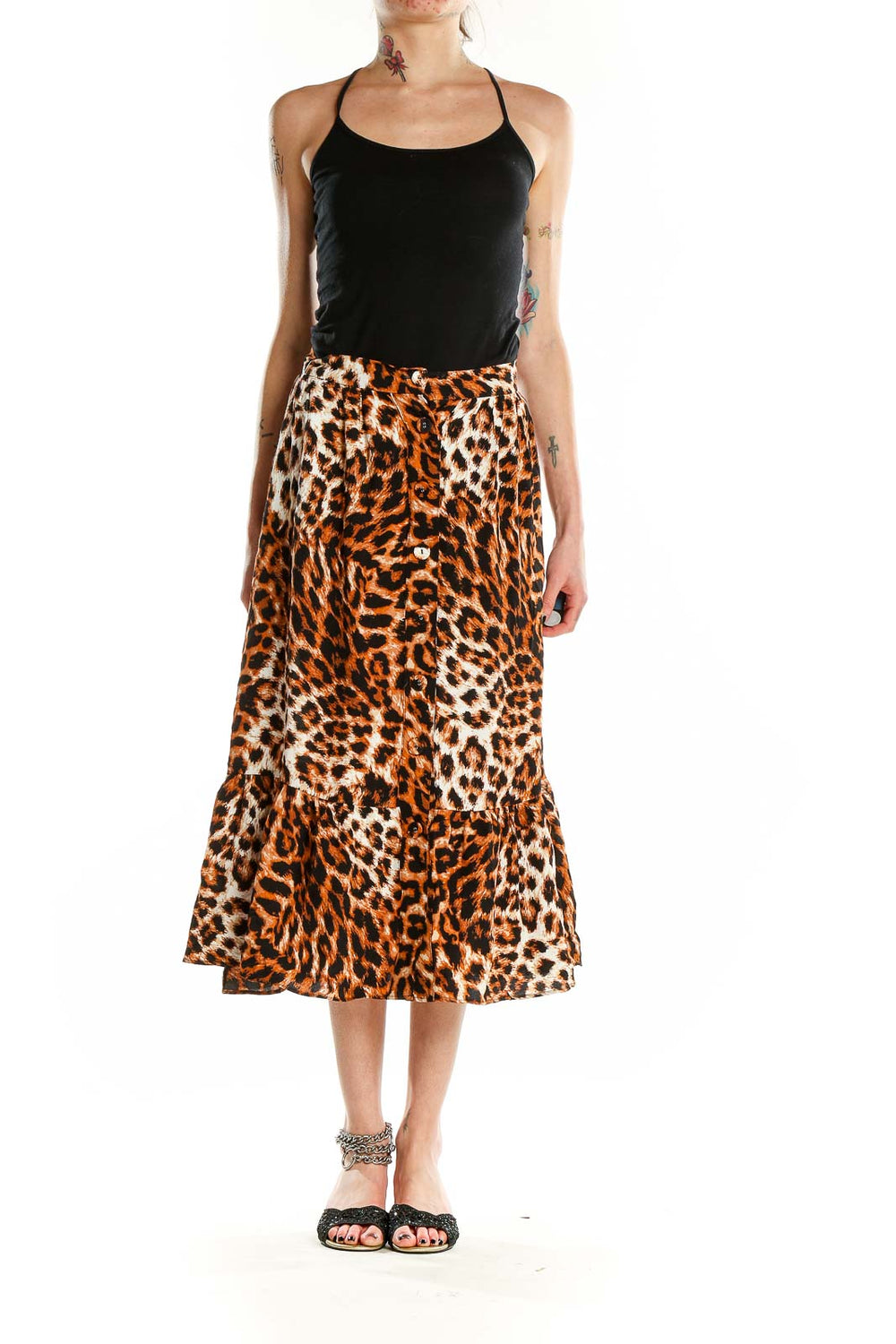 Front view of Talbots orange leopard print midi skirt with button-front design