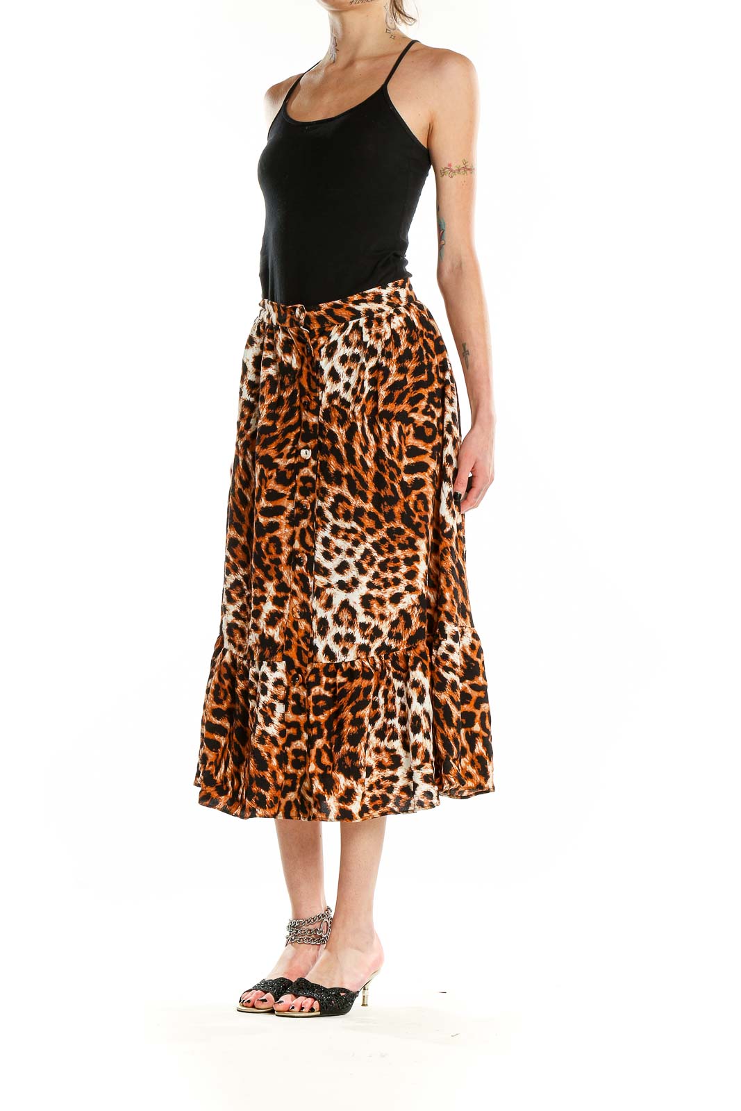 Front view of Talbots orange leopard print midi skirt with button-front design