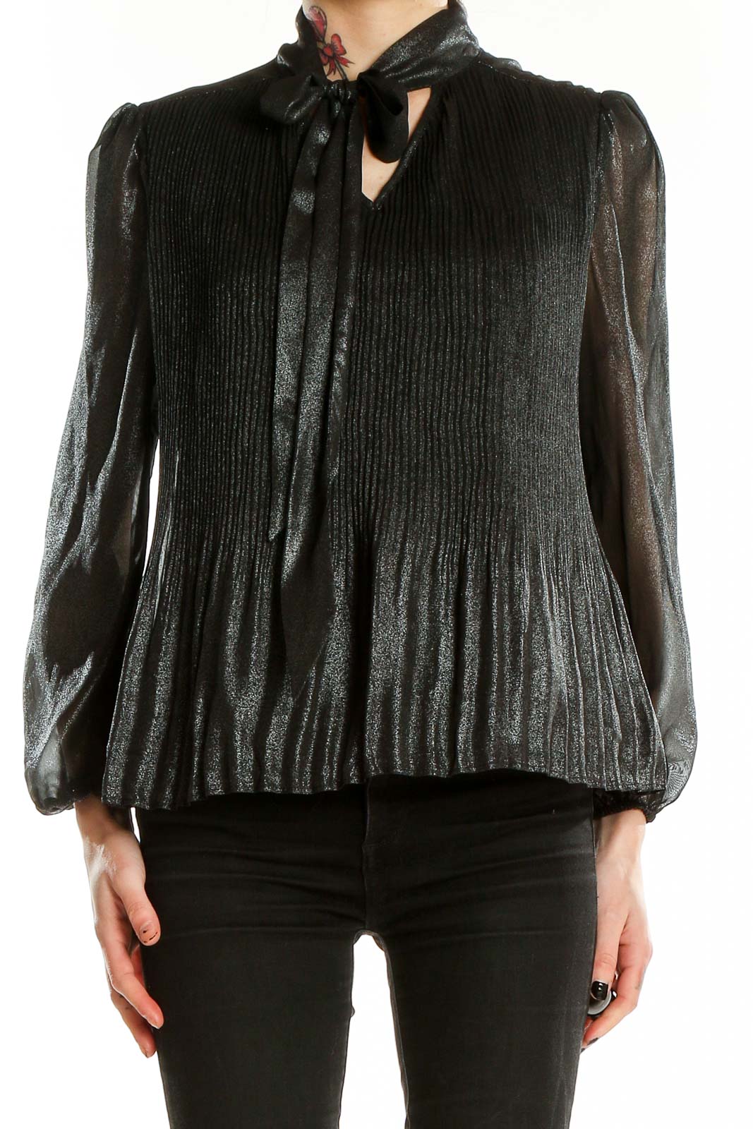 Front view of Nanette Nanette Lepore black shimmering pleated tie-neck blouse