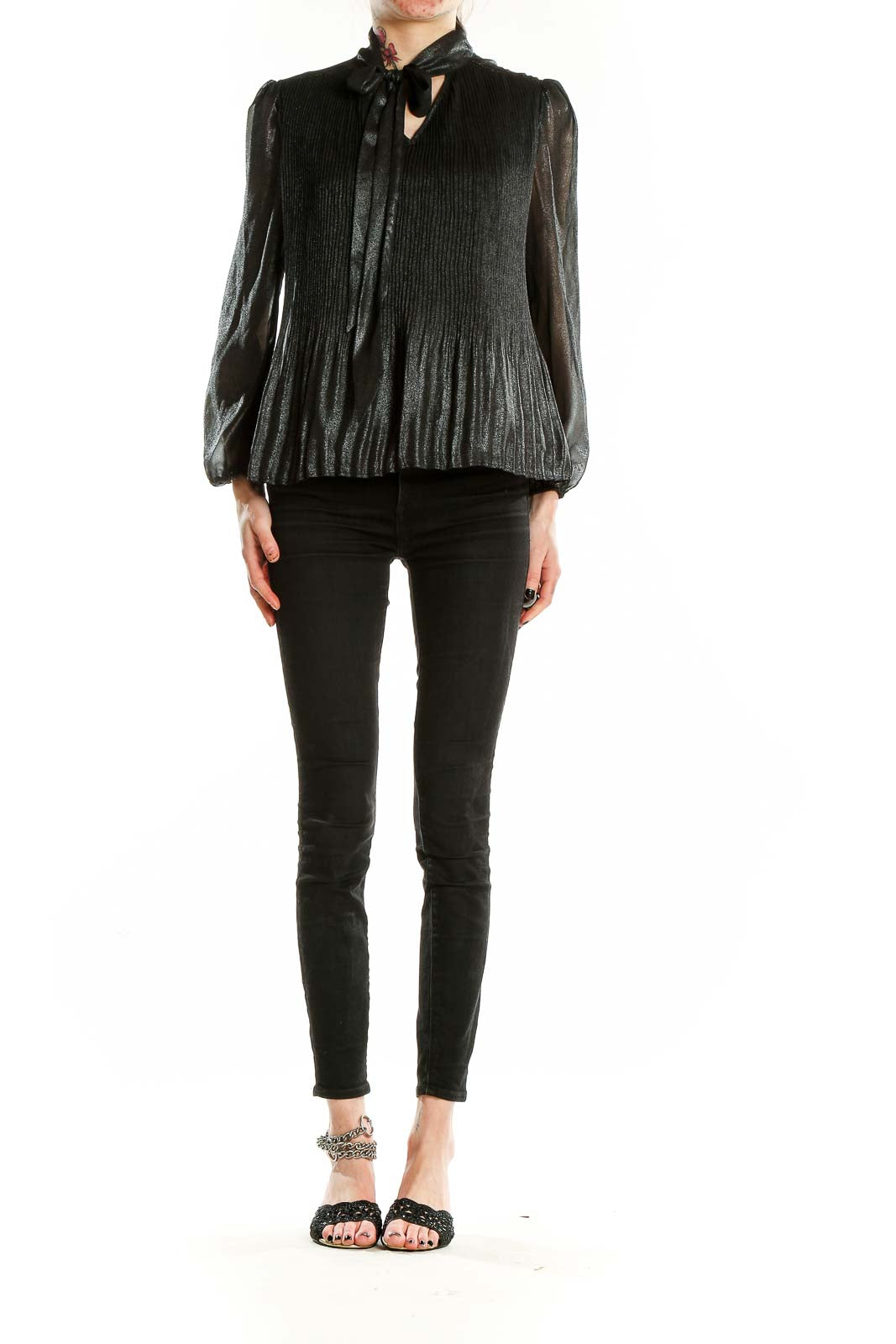 Front view of Nanette Nanette Lepore black shimmering pleated tie-neck blouse