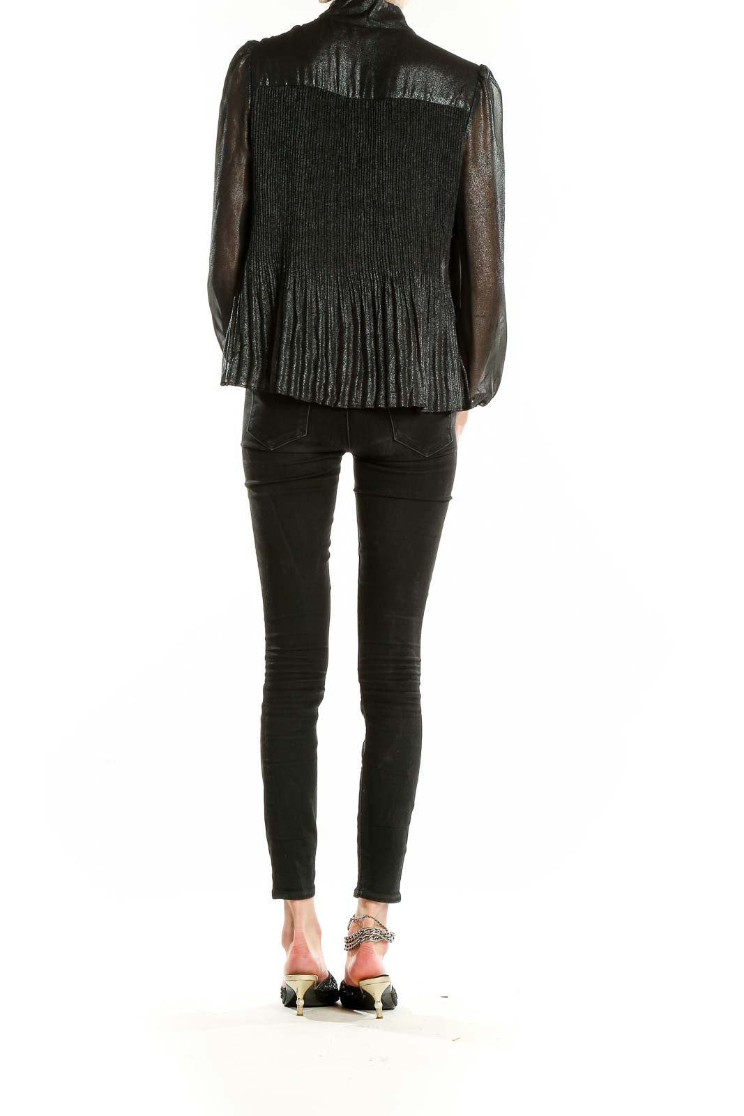 Back view of Nanette Nanette Lepore black shimmering pleated tie-neck blouse