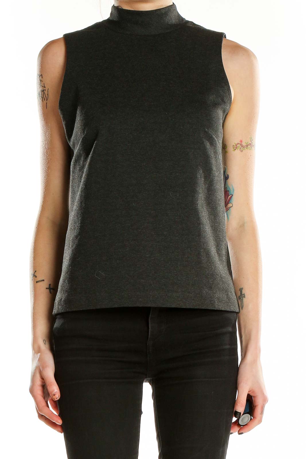 Front view of J.Crew charcoal mock neck sleeveless top on model