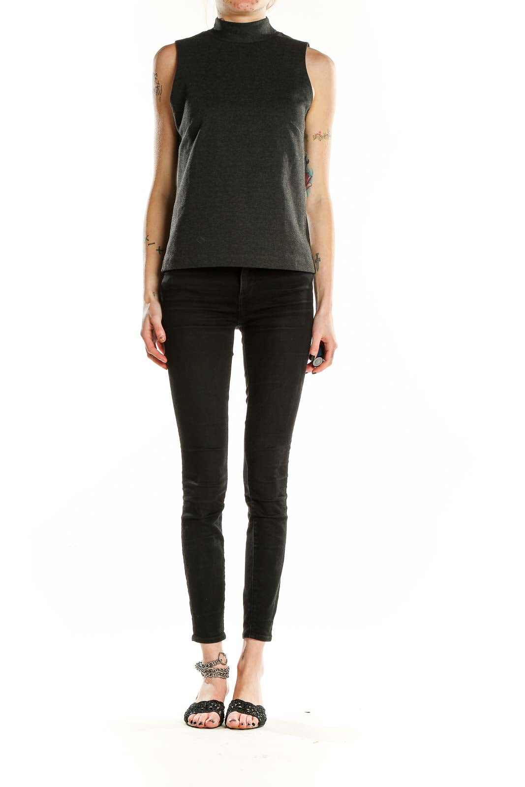 Front view of J.Crew charcoal mock neck sleeveless top on model