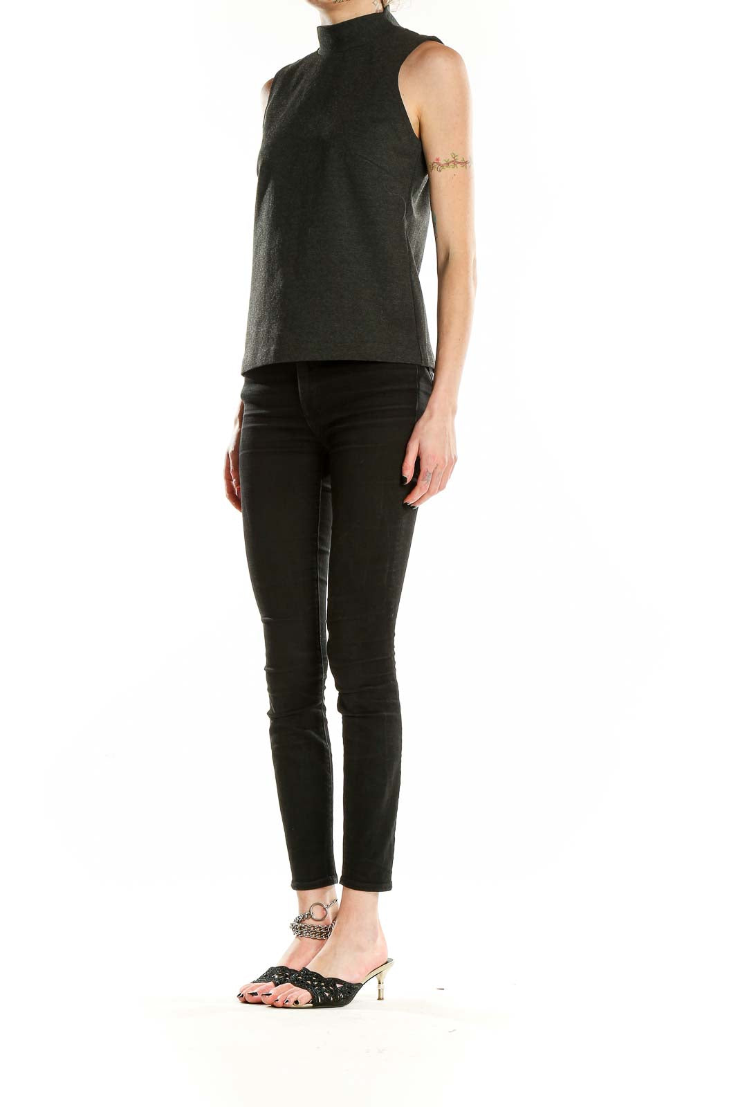 Front view of J.Crew charcoal mock neck sleeveless top on model