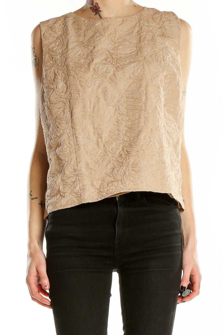 Front view of beige textured sleeveless crop top from Express